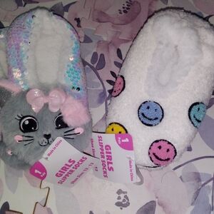 Girls Plush Animal & Smile Slipper Socks - Pink, White, Gray, Blue